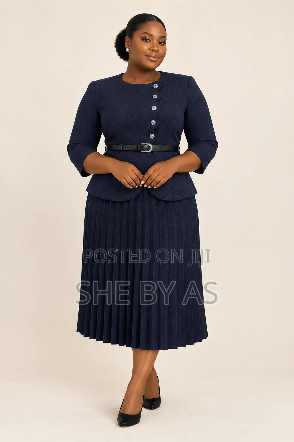 She by AS Elegant Navy Blue Corporate Pleated Dress Set With Belt