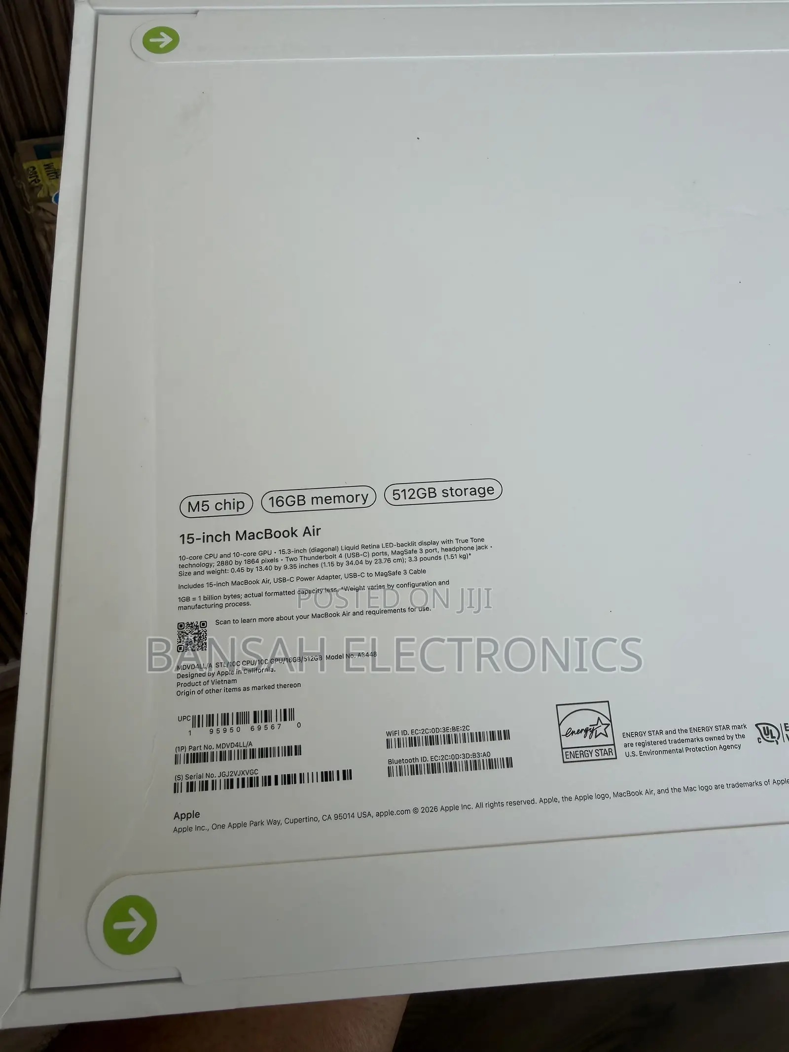 New Laptop Apple MacBook Air 2026 M5 16GB Apple M5 SSD 512GB