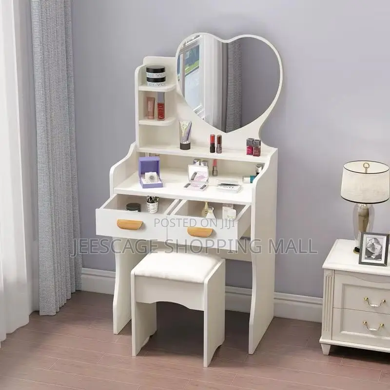 Modern White & Pink Vanity Table With Heart Mirror and Padded Stool