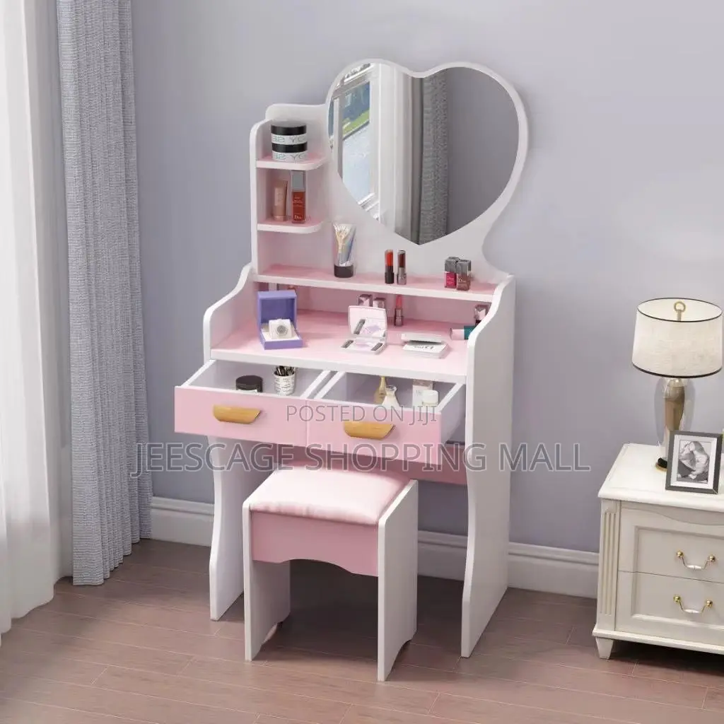 Modern White & Pink Vanity Table With Heart Mirror and Padded Stool