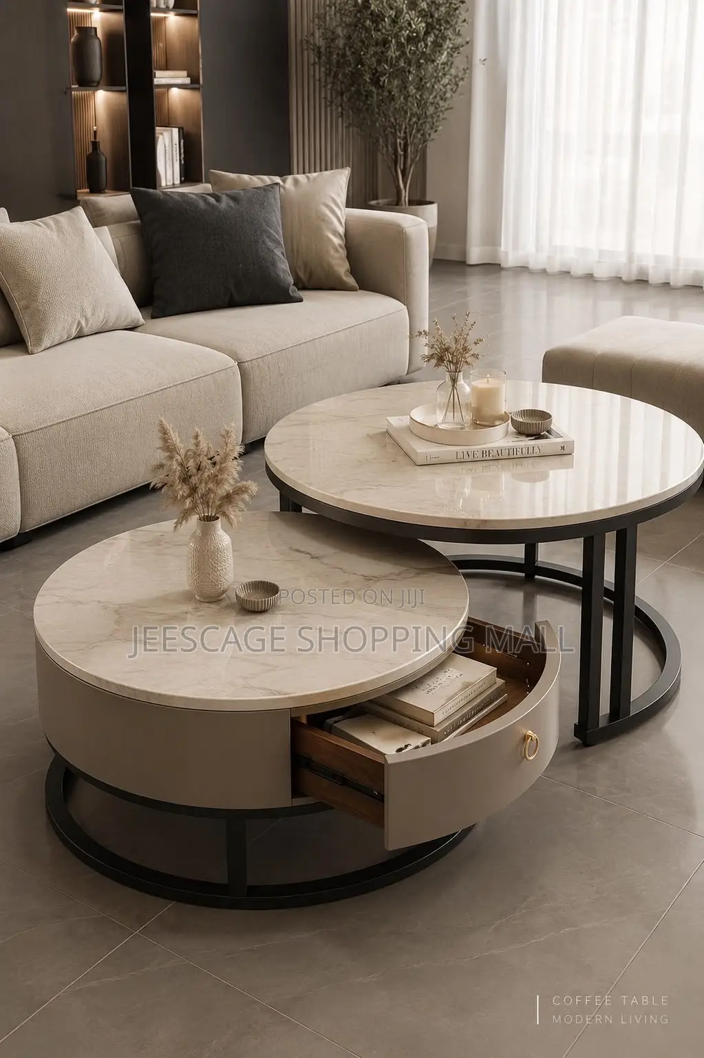 Modern Nesting Round Coffee Table Set With Storage Drawer