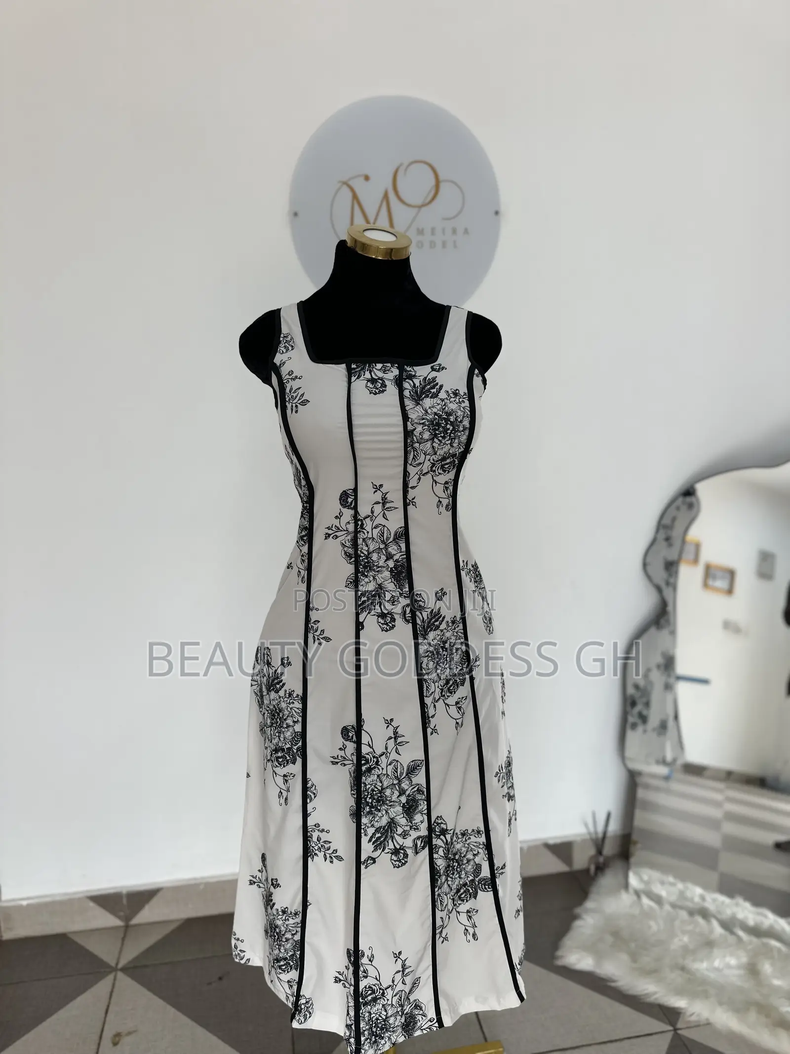 White With Black Floral Designs Dress Available