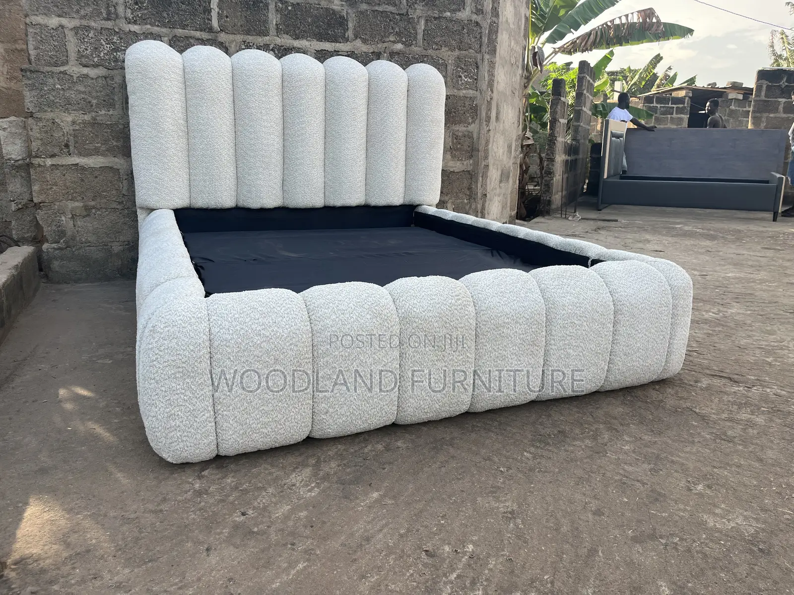 Plush Channel-Tufted Boucle Double Bed Frame