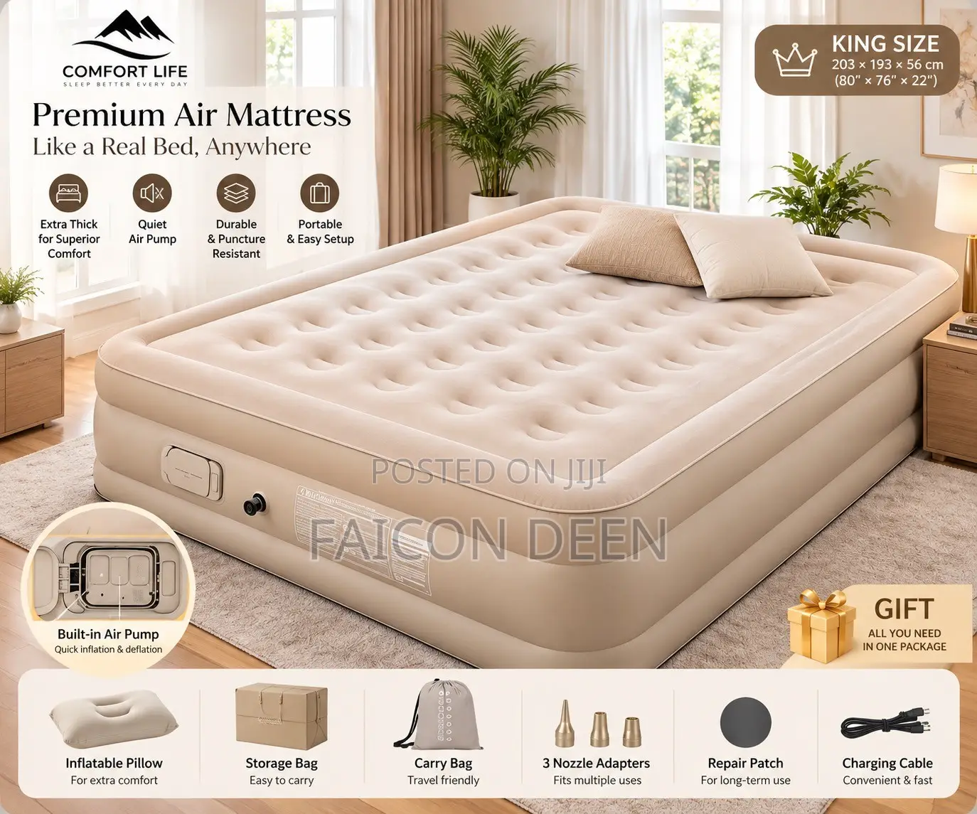 Premium Flocked Surface :Automatic Inbuilt Pump Double Size Air Bed