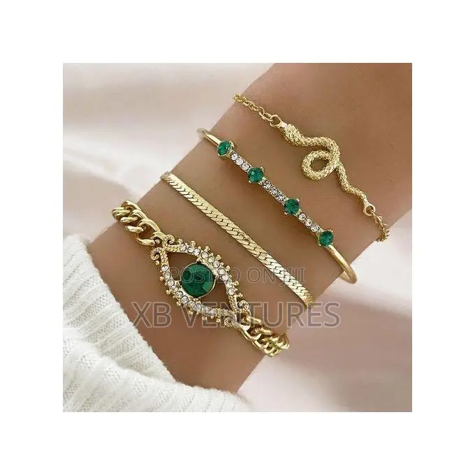 4PCS Green Gemstone Stackable Vintage Chain Link Bracelets