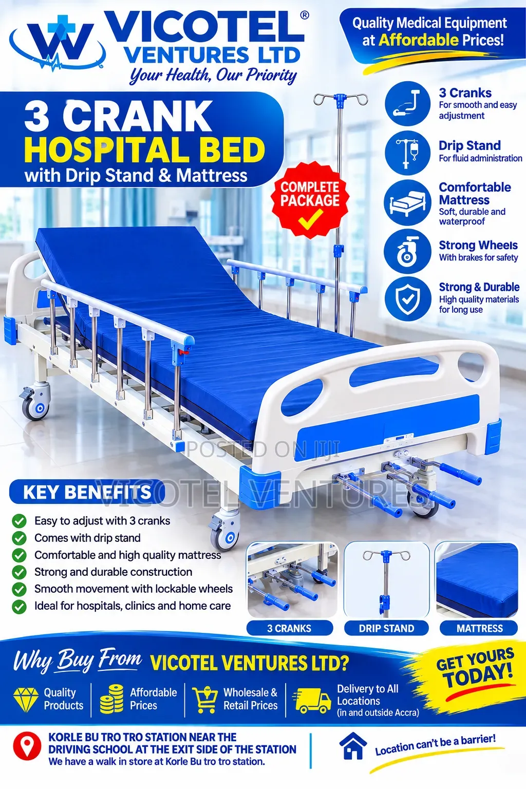 3 Crank Hospital Bed With Mattress and Drip Stand
