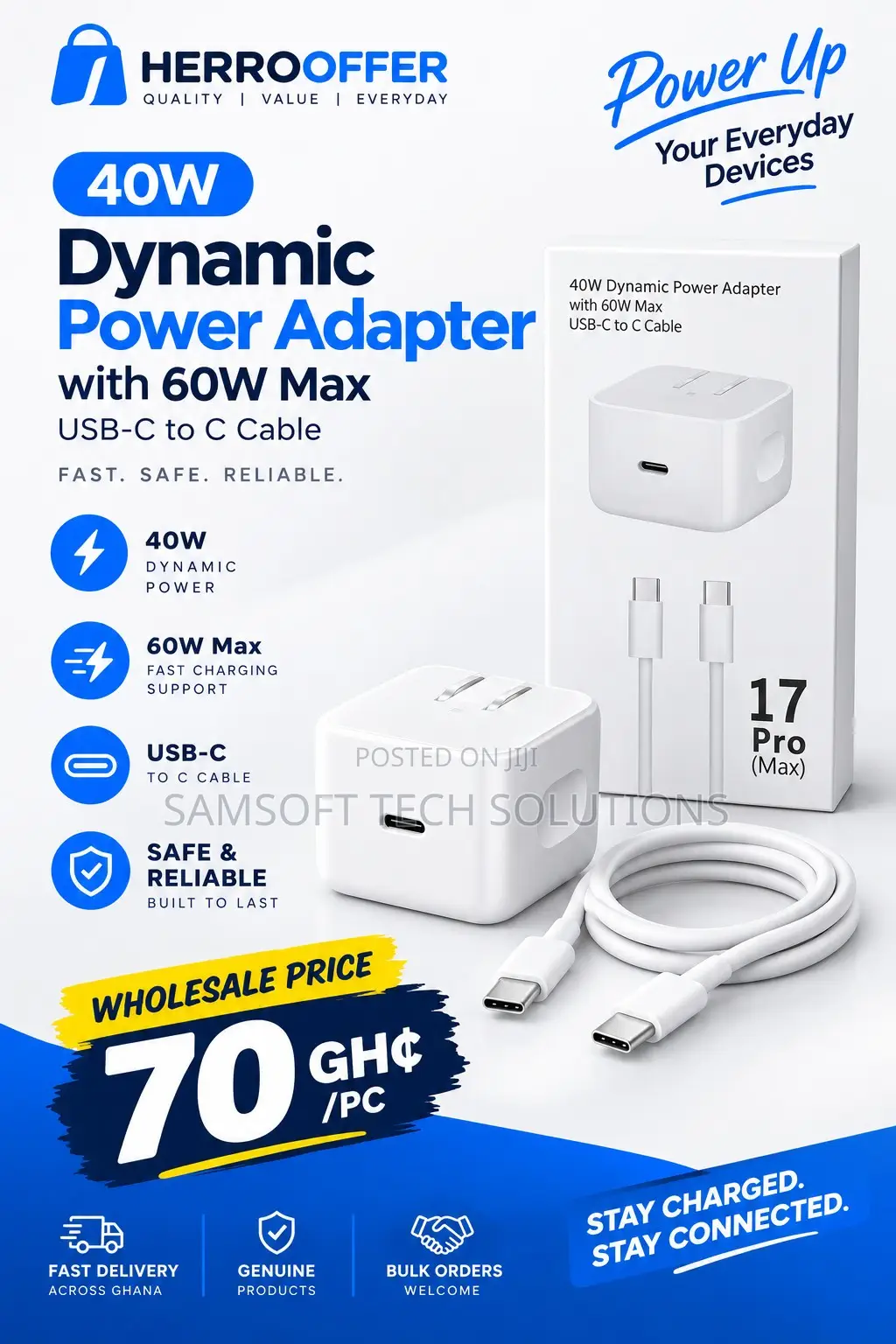 40W Dynamic Power Adapter With 60W Max USB-C to C Cable