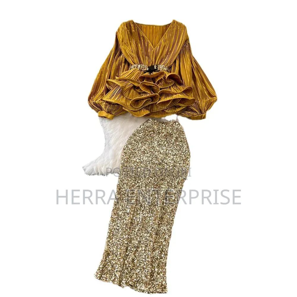 Elegant Two-Piece Outfit Features a White v-Neck Pleated Ruffle Blouse