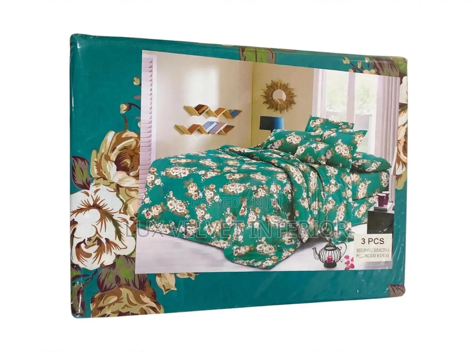 Teal Green Floral Bedsheet - Double Size - 3 PCS - Quality Cotton