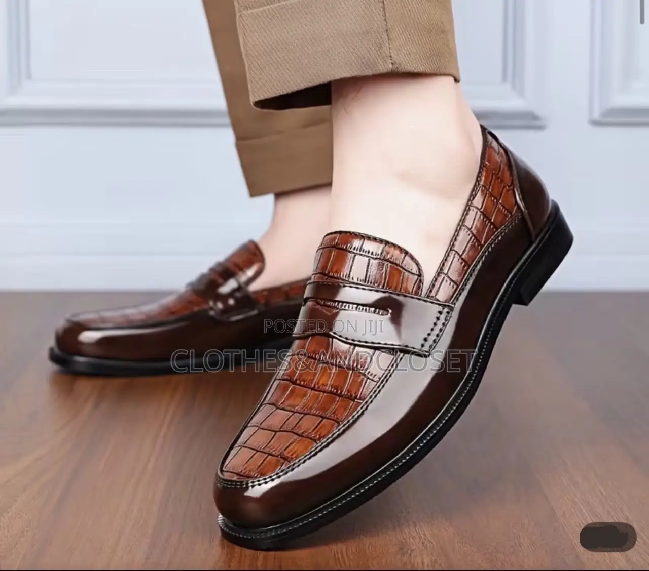 A Pair of Men's Brown-and-Tan Crocodile-Embossed Leather Penny Loafers