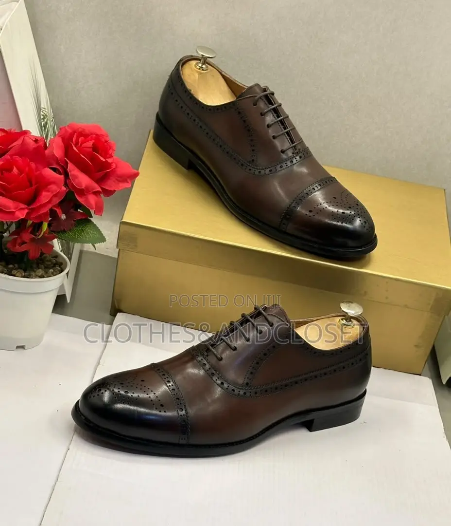 Brown Leather Semi-Brogue Oxford Dress Shoes Featuring a Cap-Toe