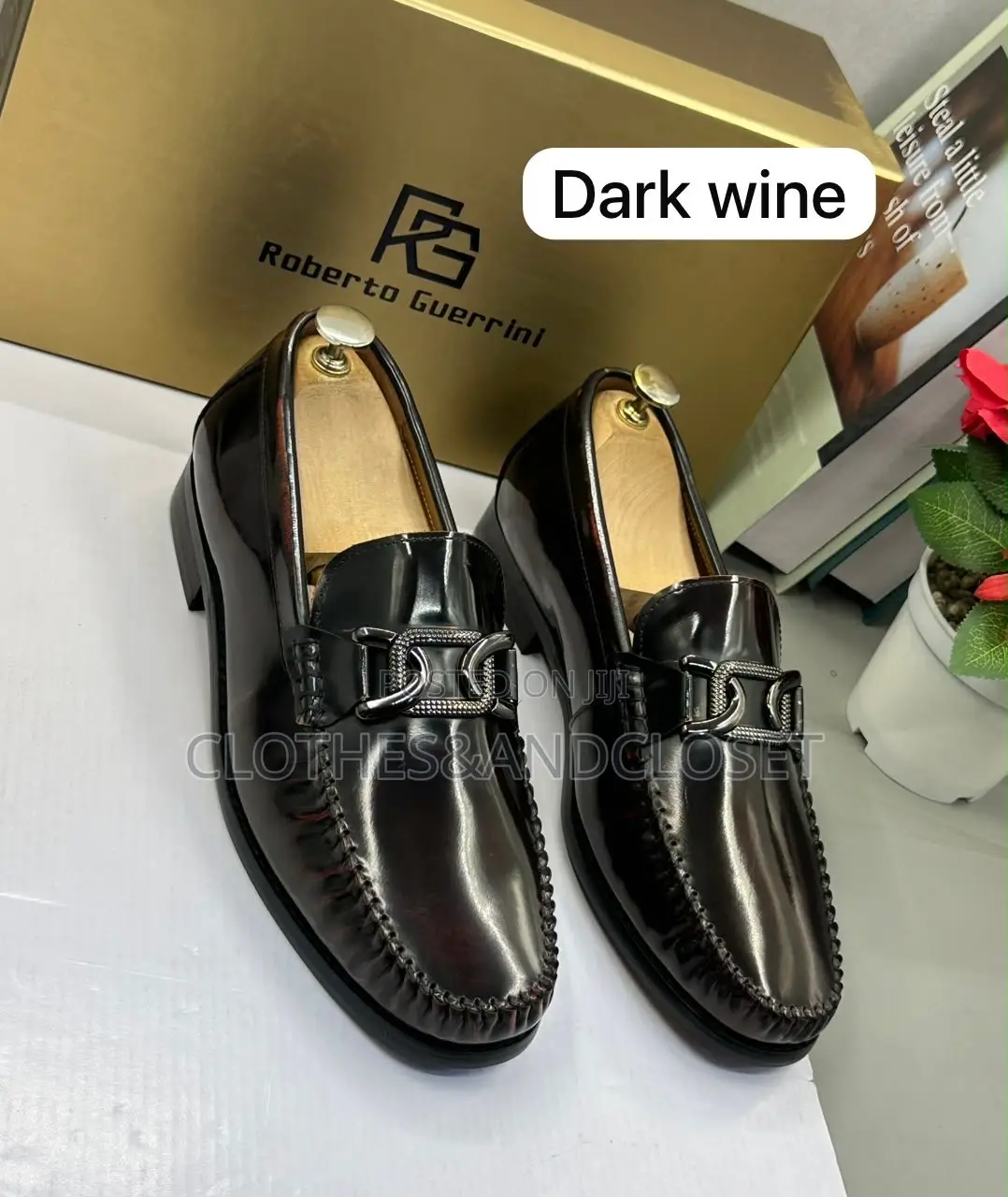 Dark Wine Leather Horsebit Loafers With a Glossy Finish.