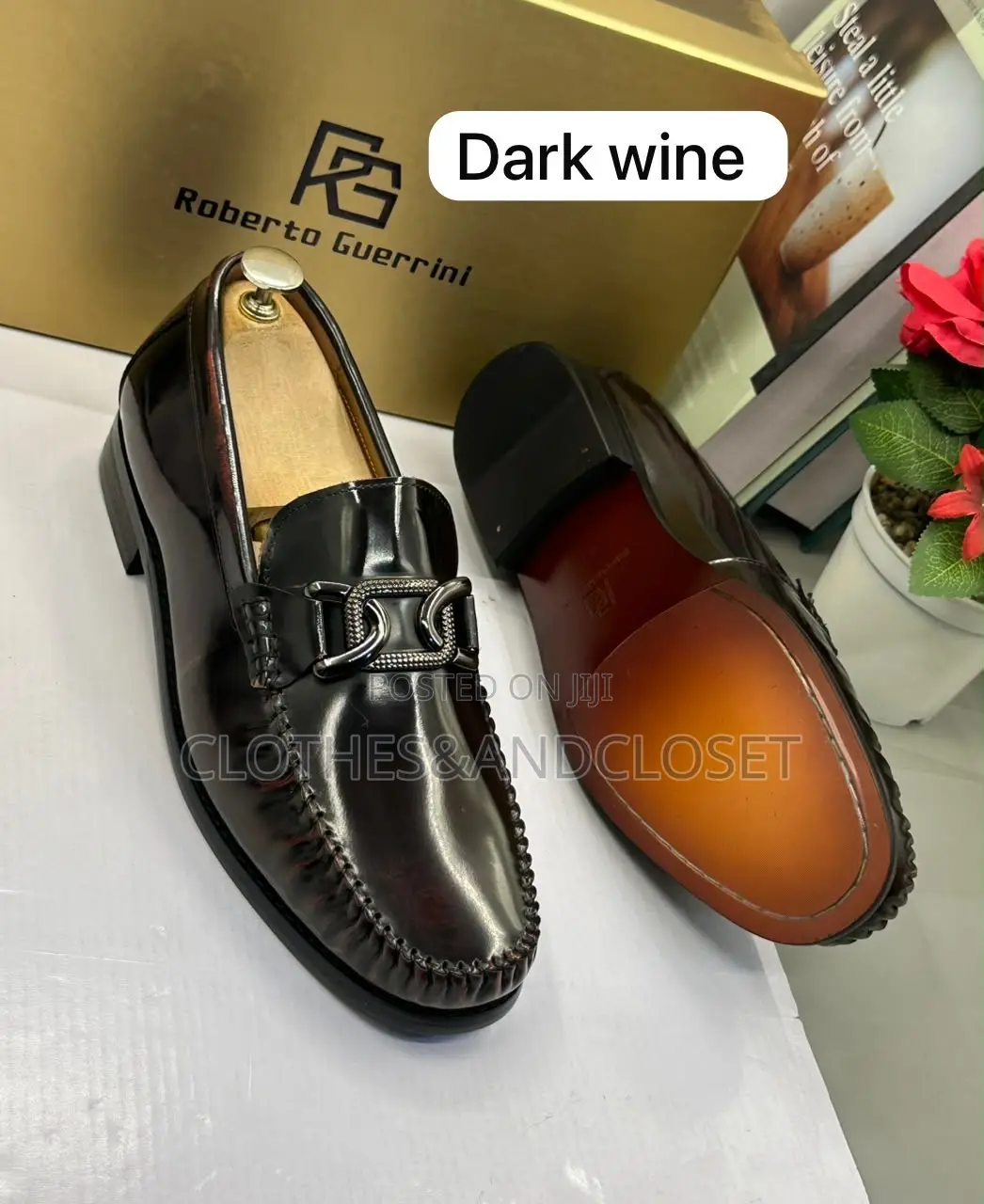 Dark Wine Leather Horsebit Loafers With a Glossy Finish.