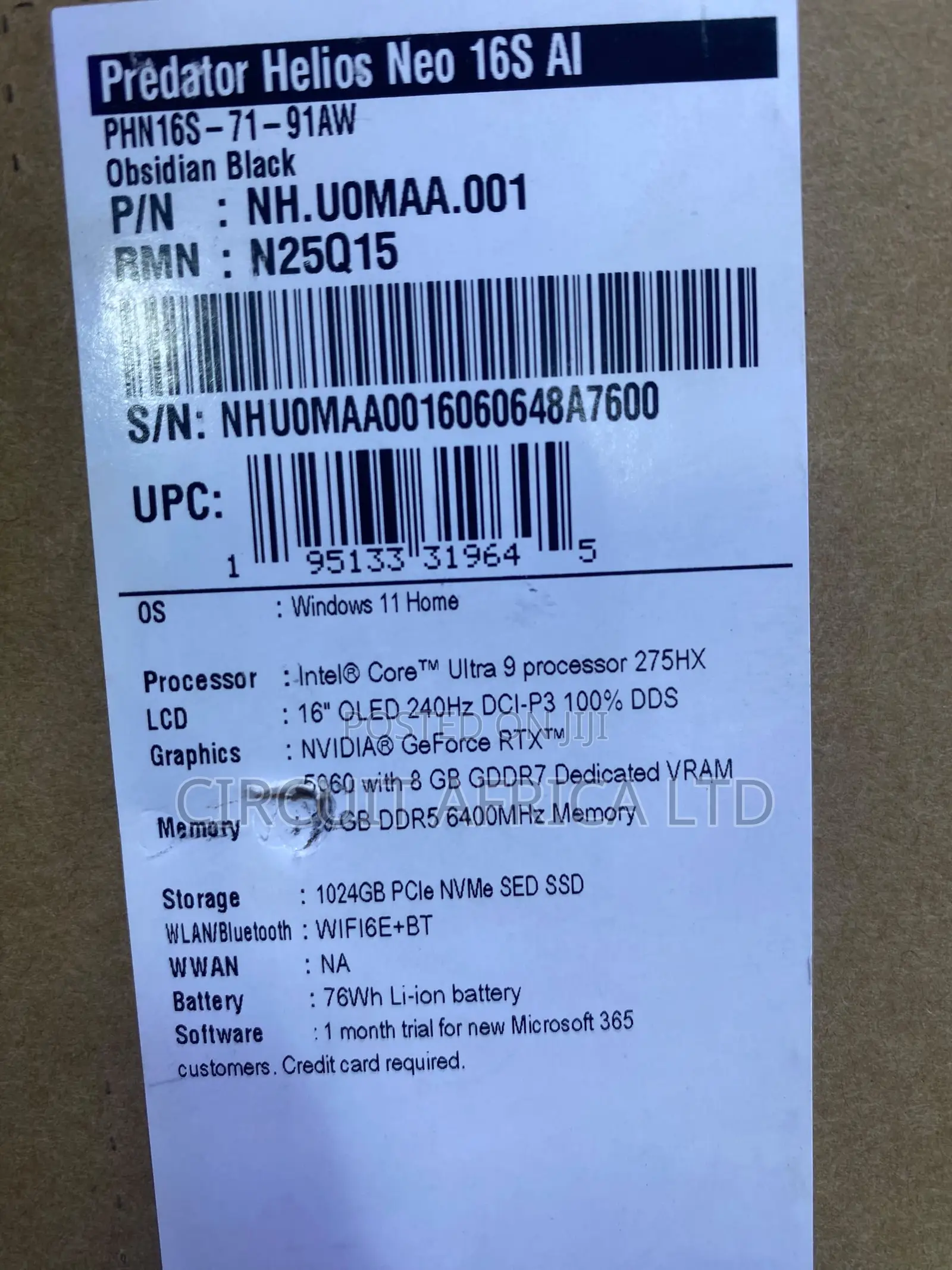 New Acer Predator Helios Neo 16 AI 16GB Intel Core Ultra 9 SSD 1T