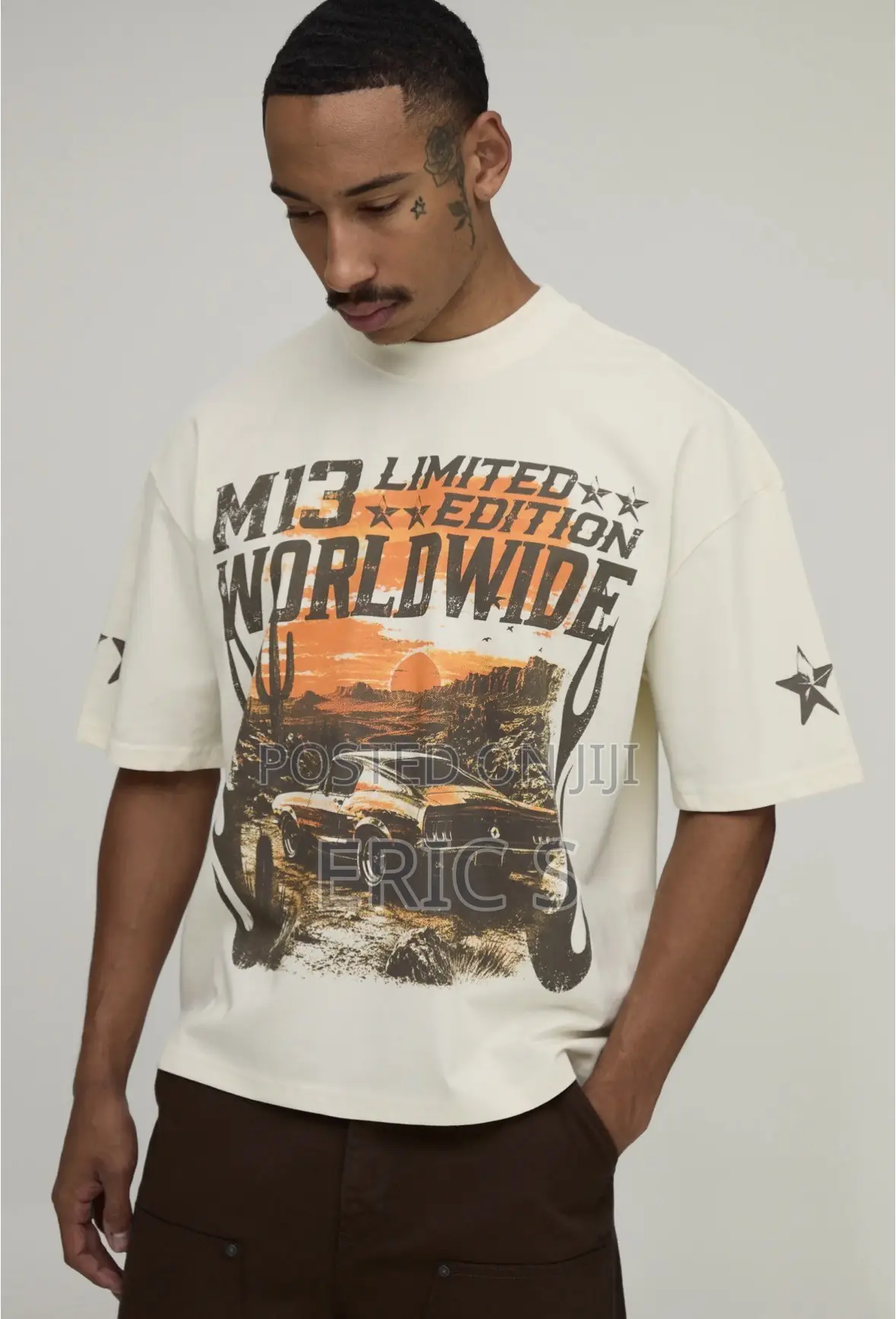 Ecru Oversized Boxy Moto Western Print T-Shirt M
