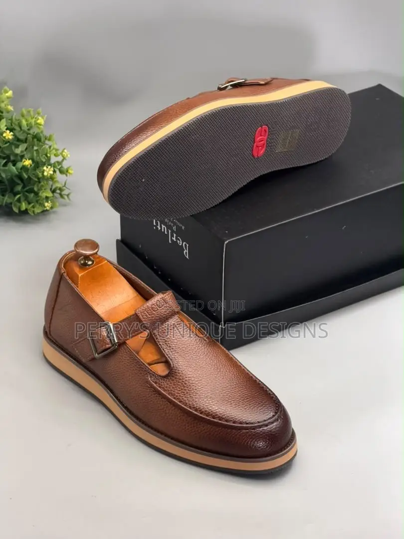 Men's T-Bar Monk Leather Loafers, T-Strap Executive Shoes,