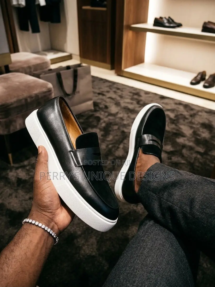 Men’s Black Suede Loafer Sneakers With White Platform Cupsole