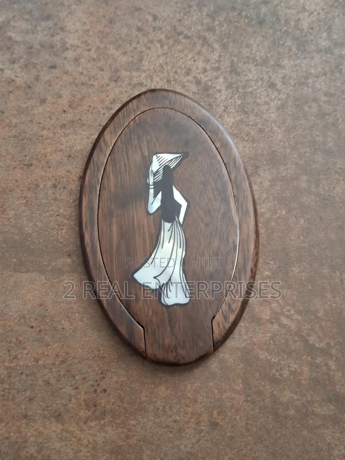 Handcrafted Wooden Oval Folding Compact Pocket Mirror Mother of Pearl