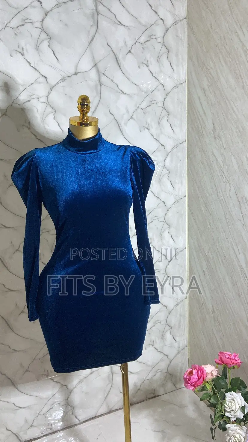 Blue Velvet Puff-Sleeve Dress