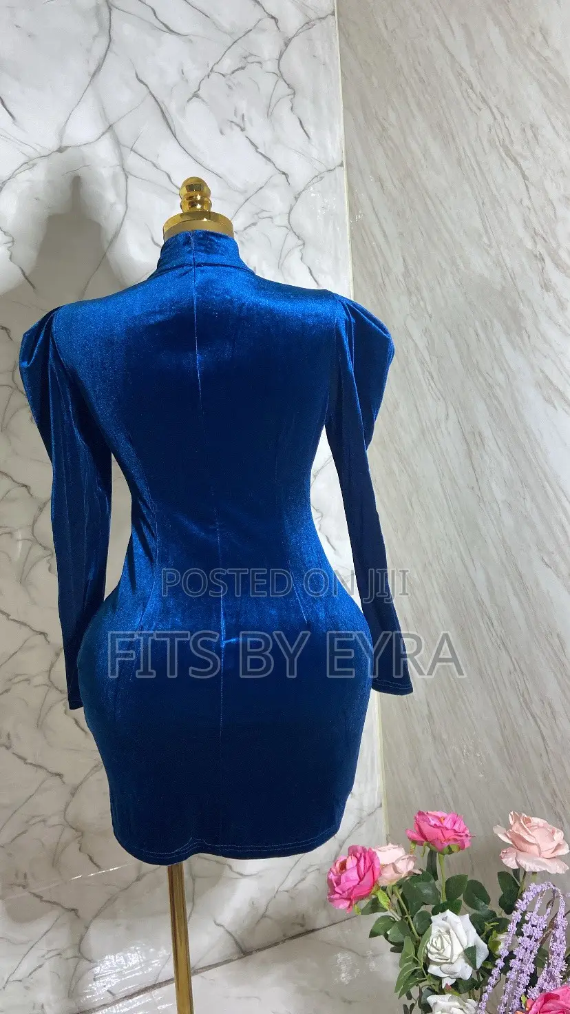 Blue Velvet Puff-Sleeve Dress