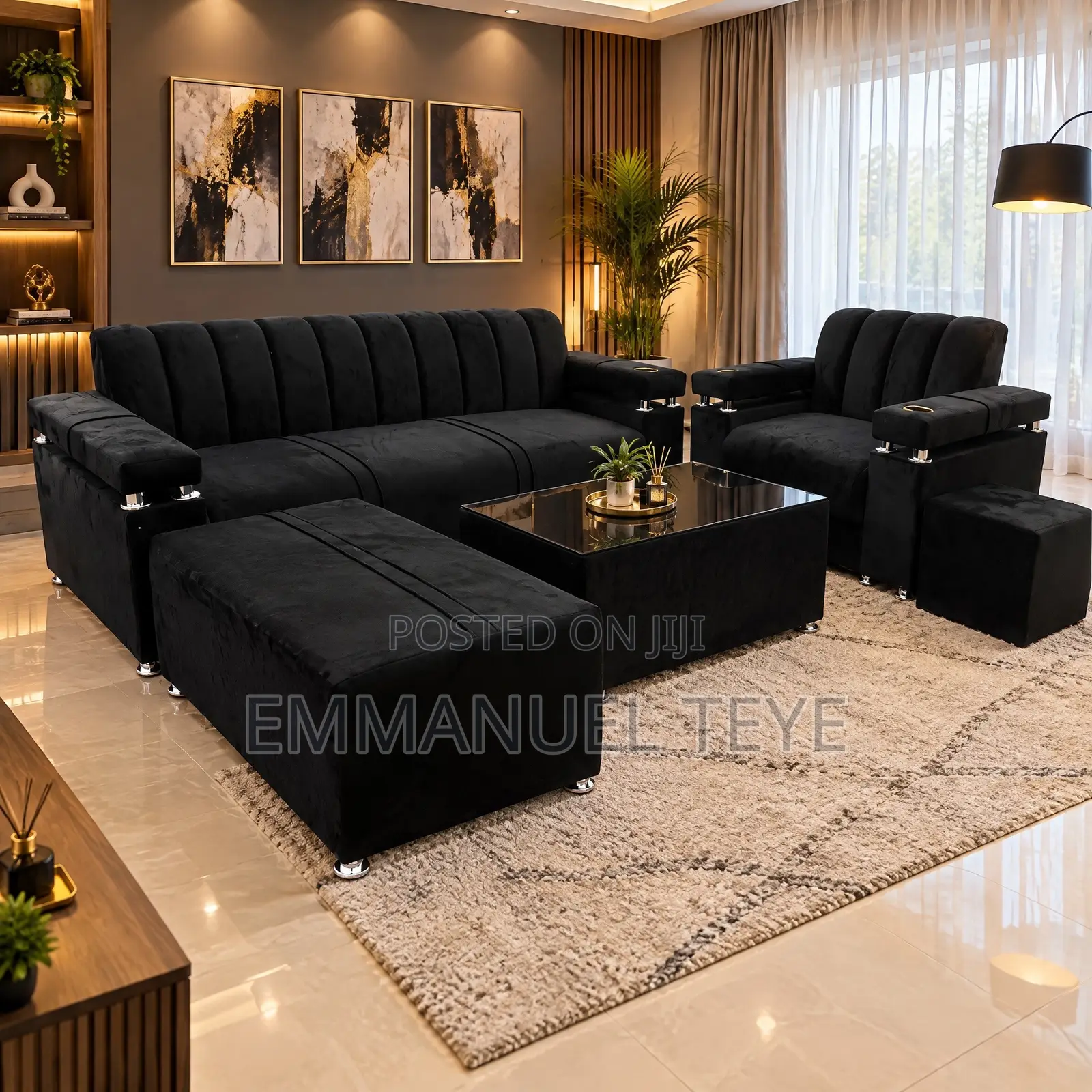 Brand New Black Fabric 3 in One and Single Set Sofa