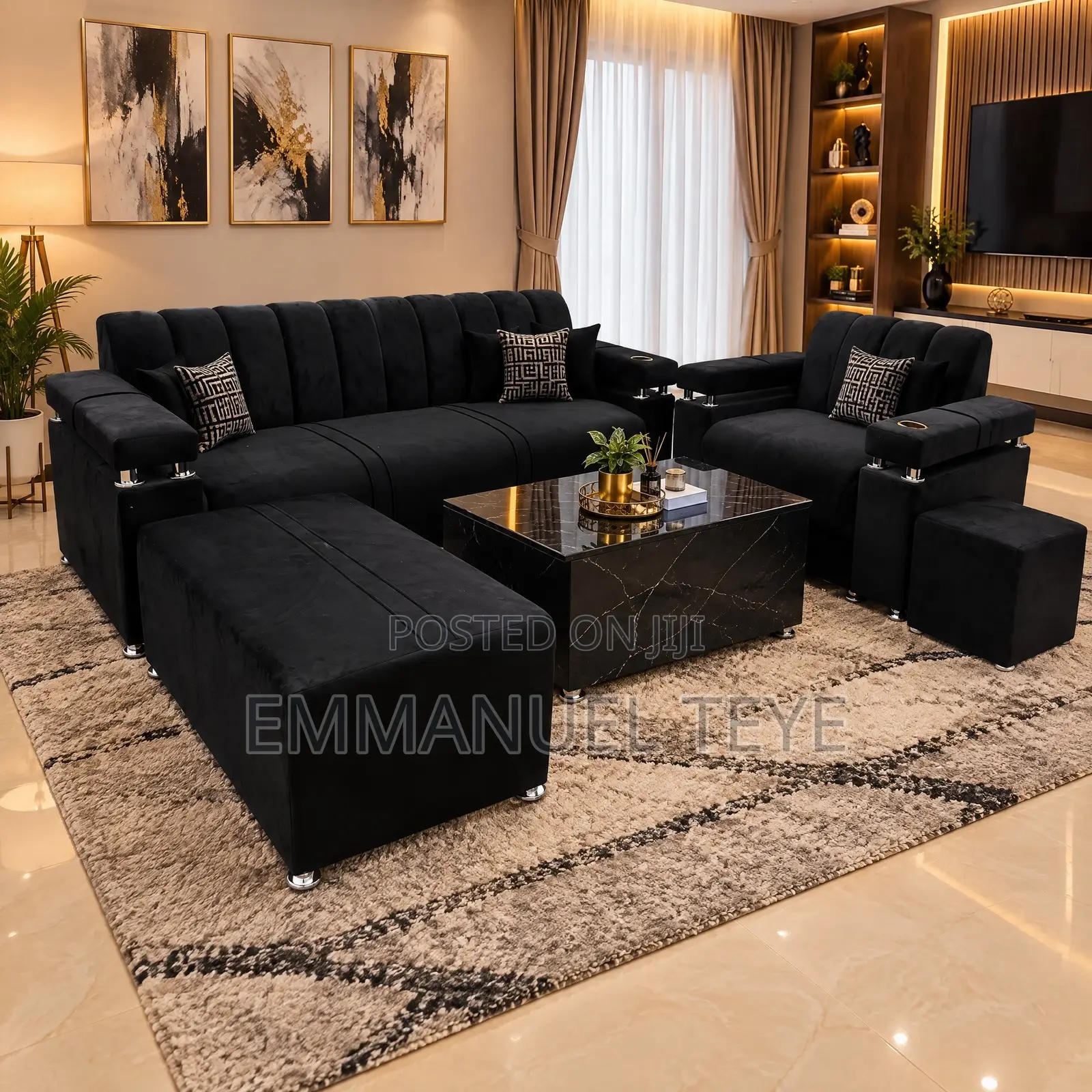 Brand New Black Fabric 3 in One and Single Set Sofa