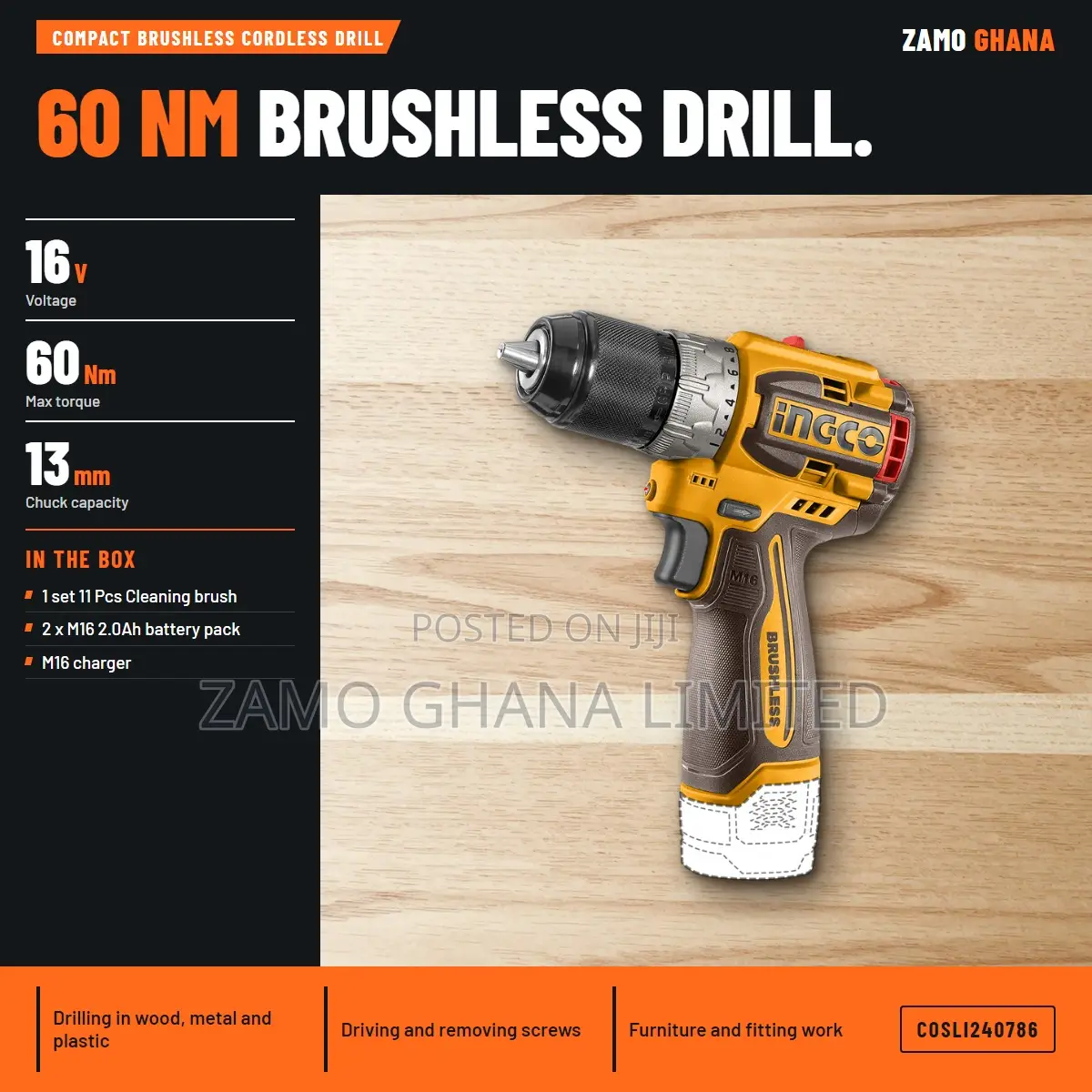 Cordless Drill 16v 60nm + 2 Battery + 11 Accs - Cosli240786