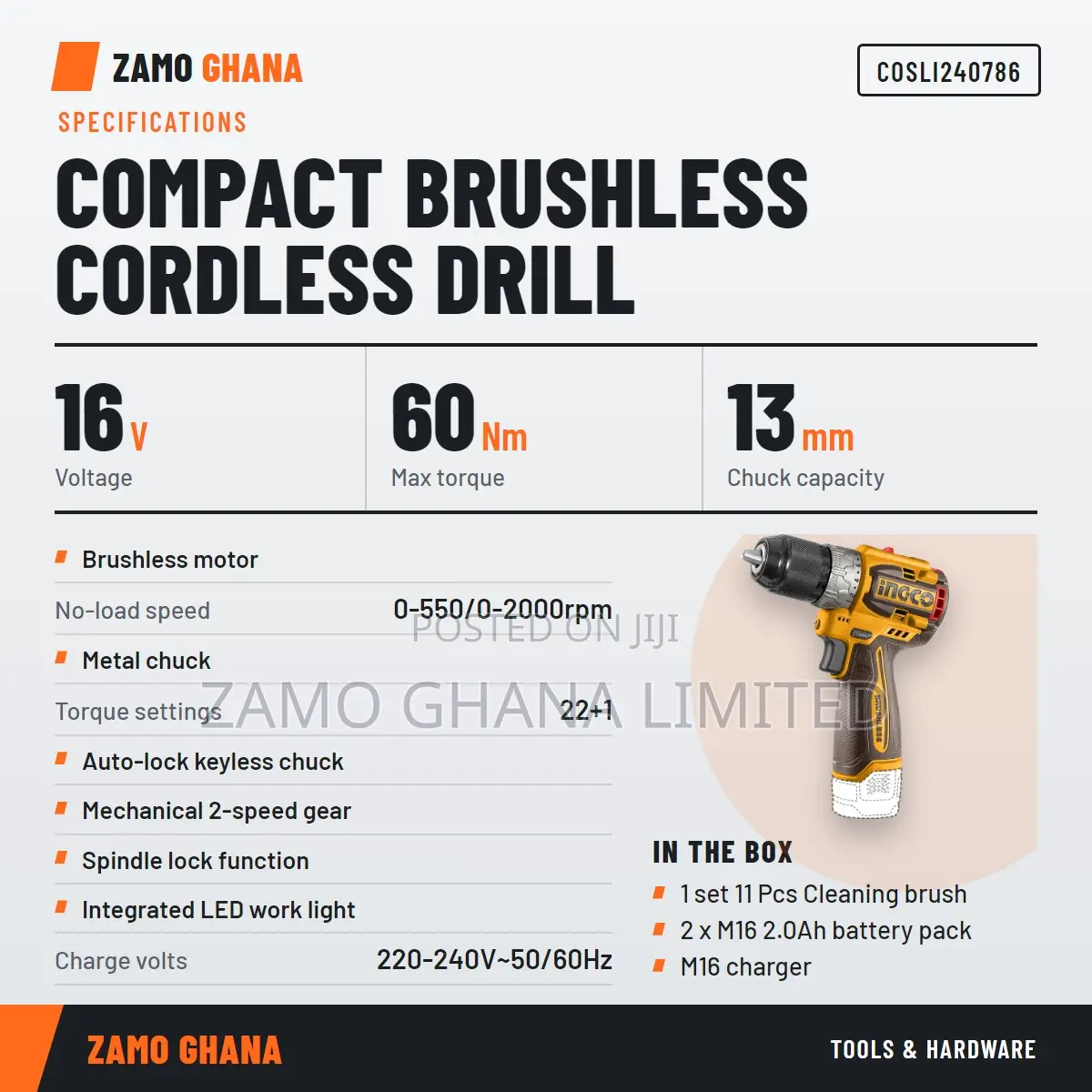 Cordless Drill 16v 60nm + 2 Battery + 11 Accs - Cosli240786