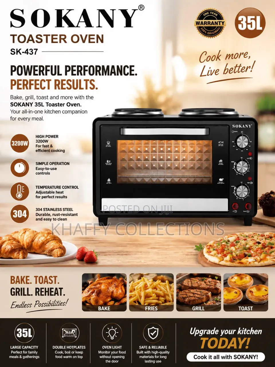 Sokany 35L Toaster Oven With Double Hot Plate - 3200W - 304 Stainless