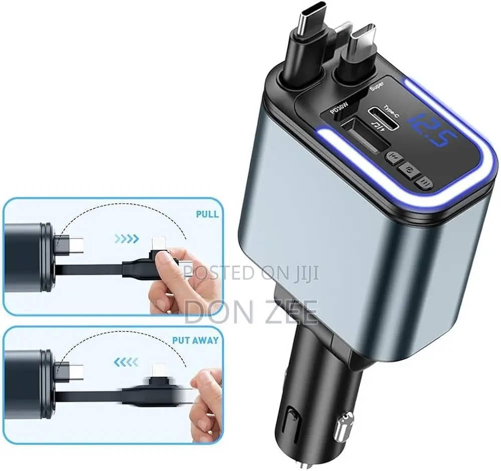 180W Super Fast Car Charger With Dual Telescopic Cable MP3 5-in-1 Char