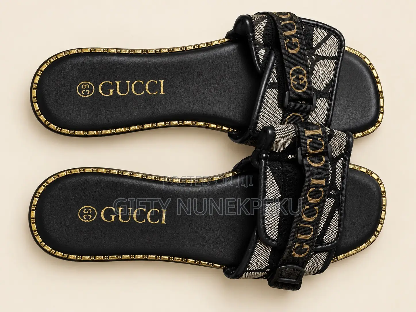 Women’s Stylish Black and Gold Double-Strap Flat Sandals