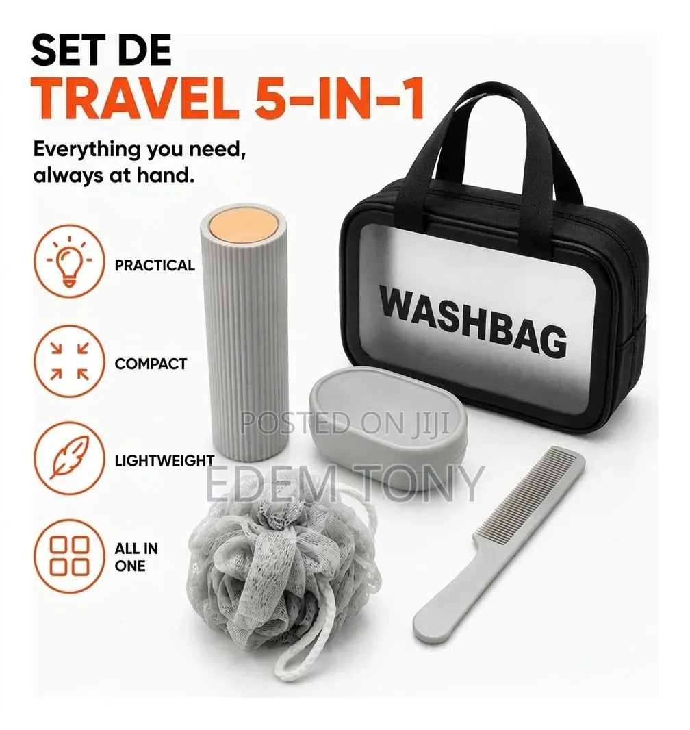 5 in 1 Wash Bag Travel Set - In Grey/White