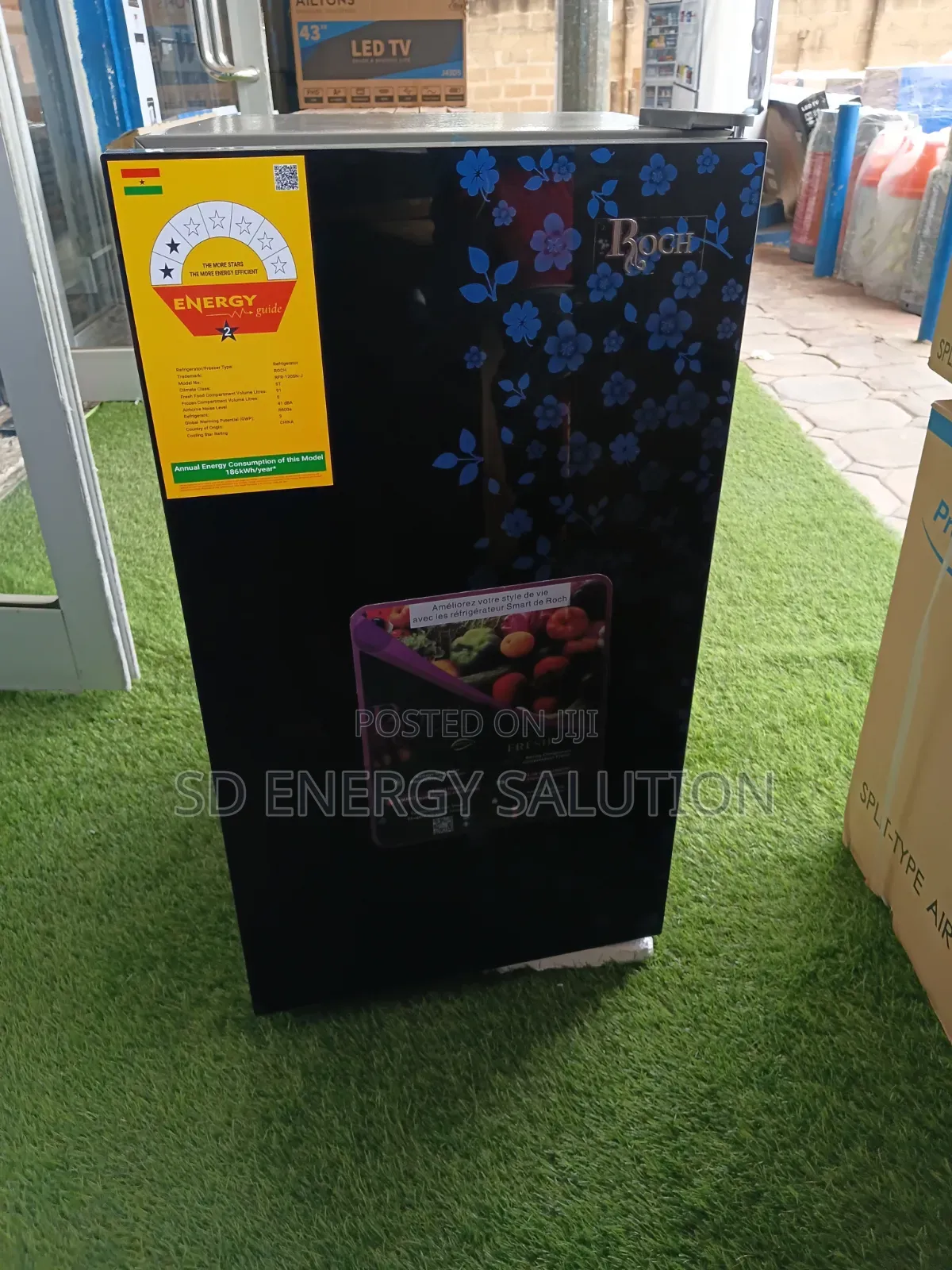 Original Roch Table Top Refrigerator 90L Black Glass Door Blue Fower