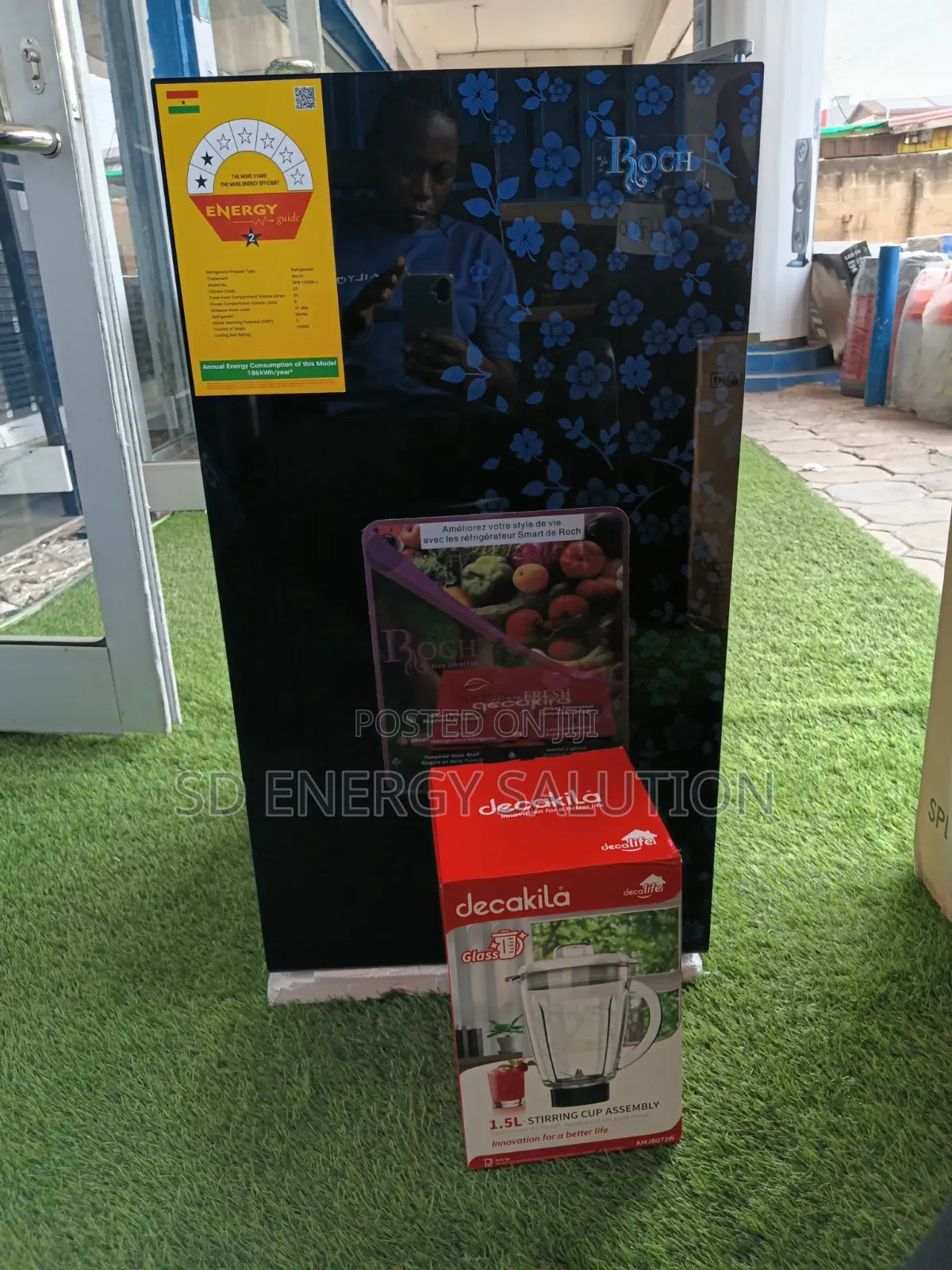 Roch Table Top Fridge 90L - Black Flower - Glass Door - Energy Save