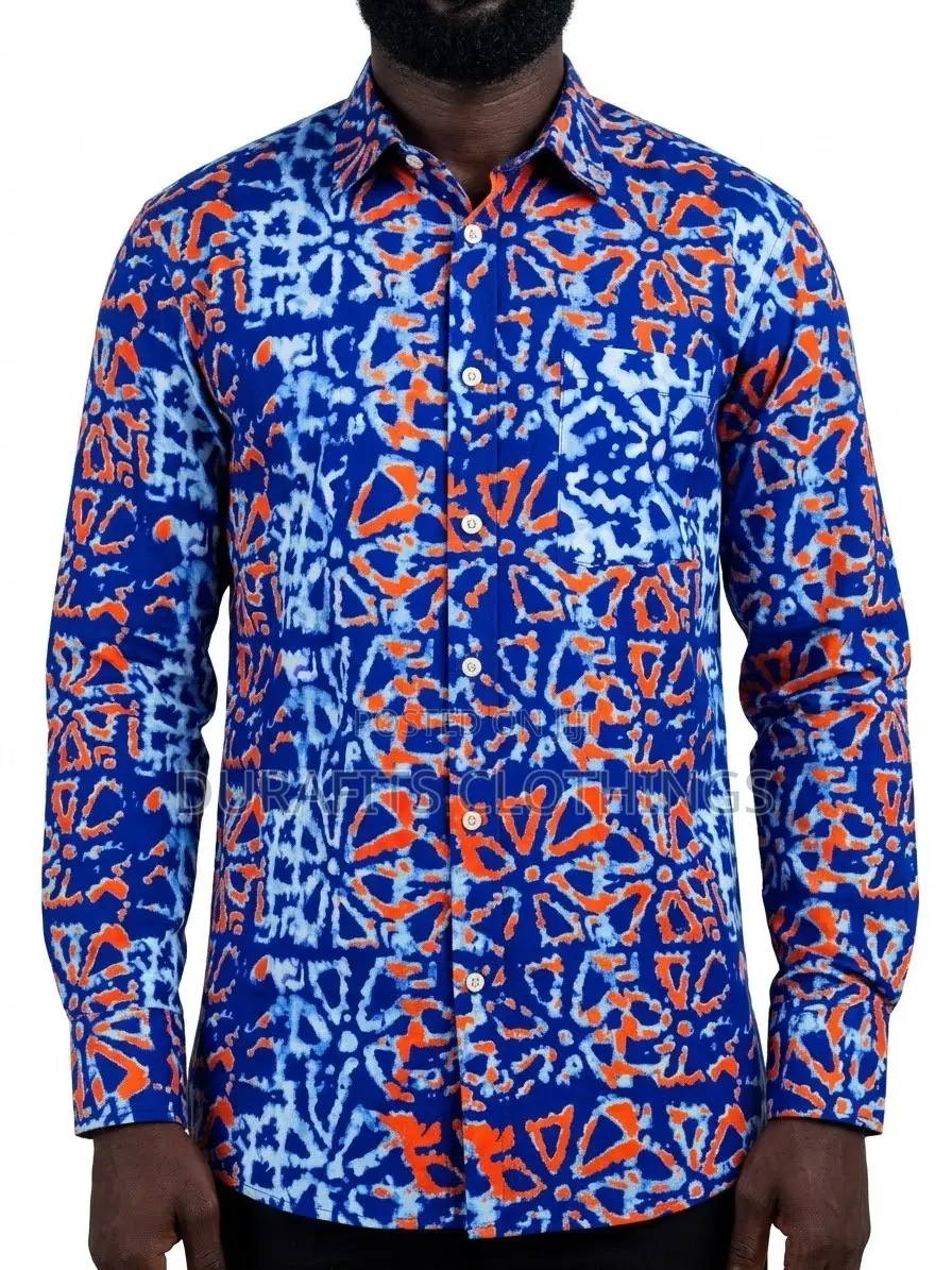 Men’s Long-Sleeve Blue Batik Print Shirt