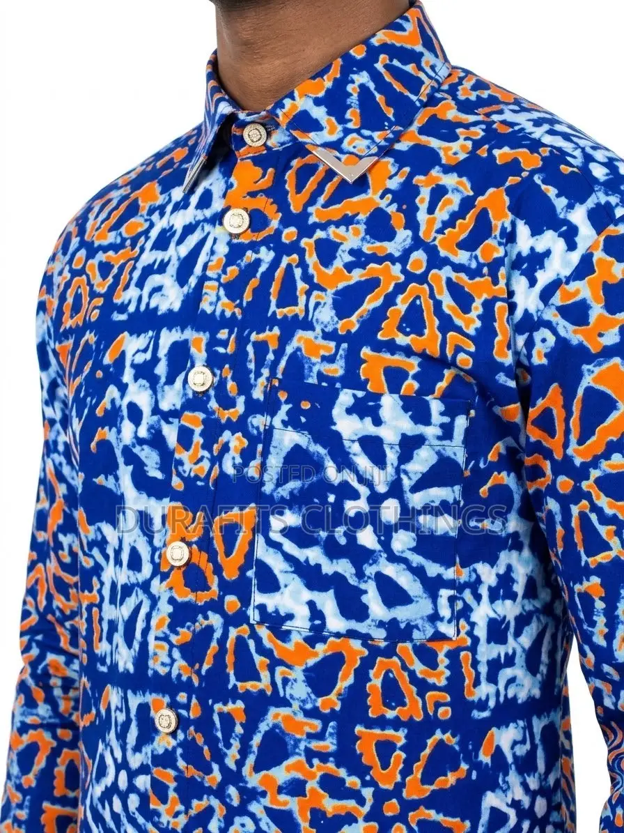 Men’s Long-Sleeve Blue Batik Print Shirt