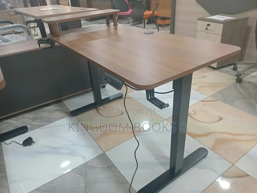 Electric Height Adjustable Desk With Monitor Riser - Dark Wood / Black