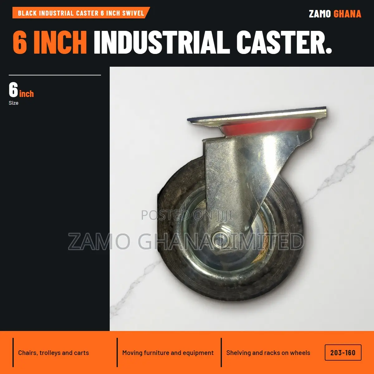 Black Industrial Caster 6 Inch Swivel - 203-160