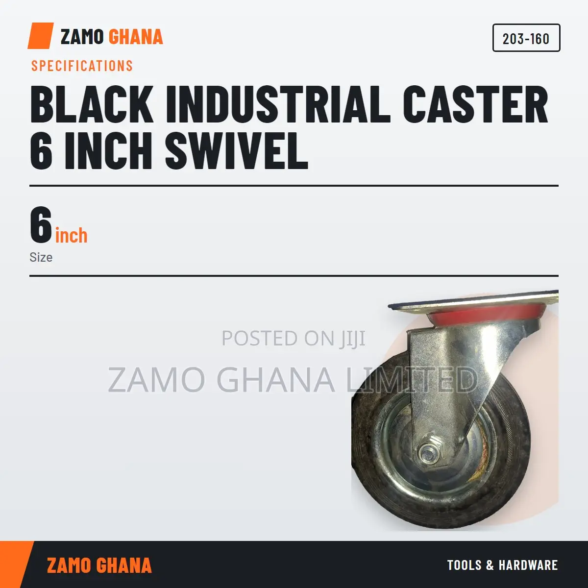 Black Industrial Caster 6 Inch Swivel - 203-160