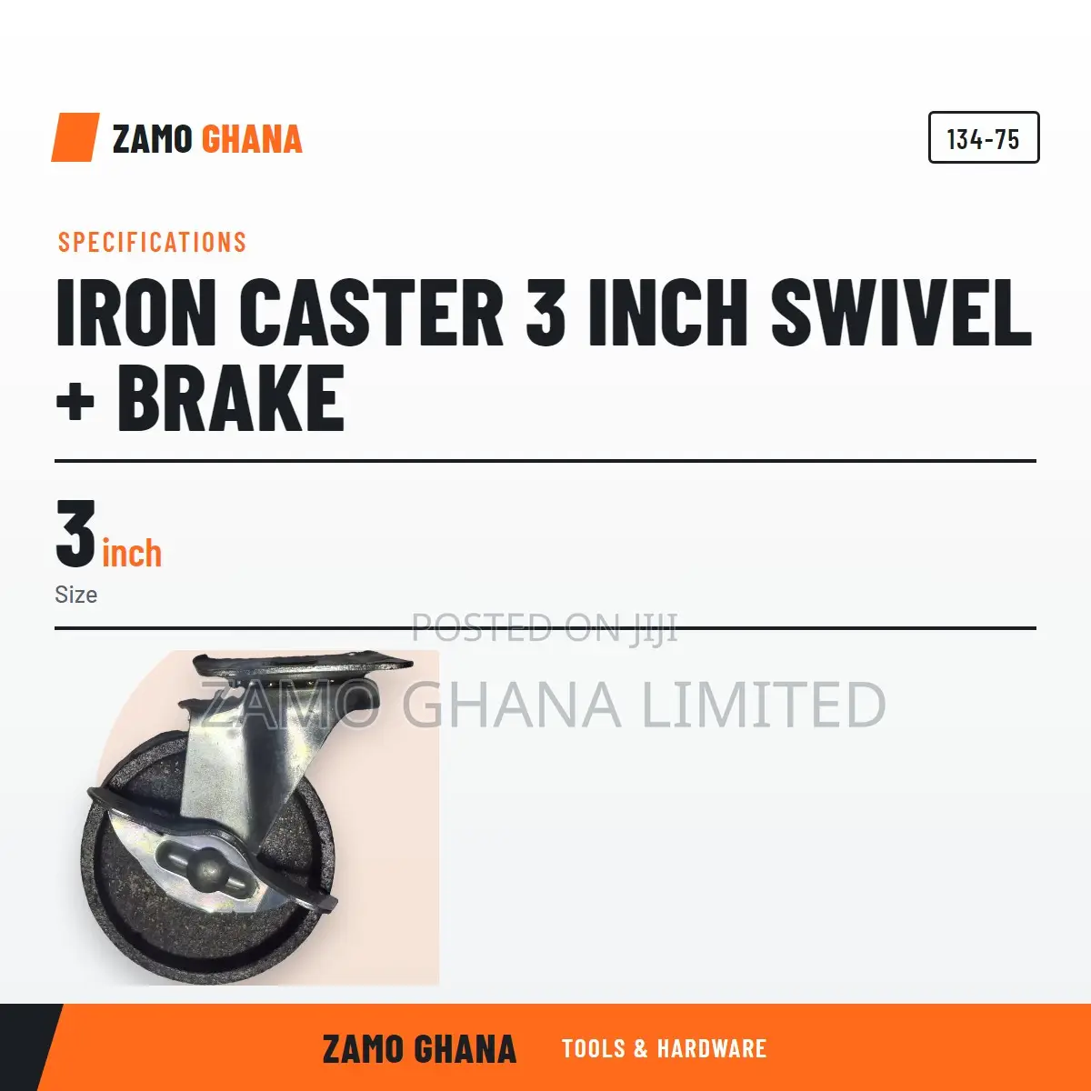 Iron Caster 3 Inch Swivel + Brake - 134-75
