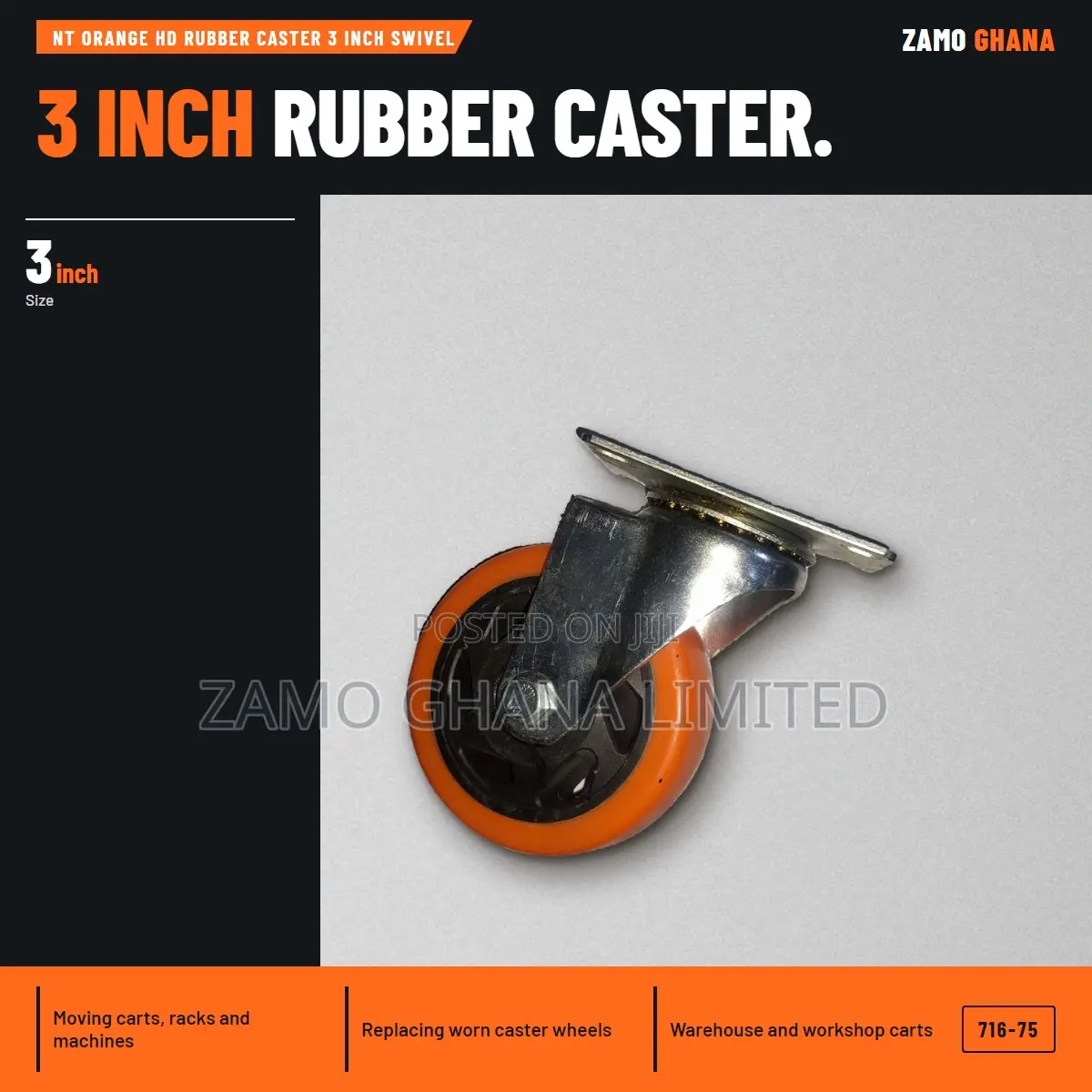 Nt Orange Hd Rubber Caster 3 Inch Swivel - 716-75