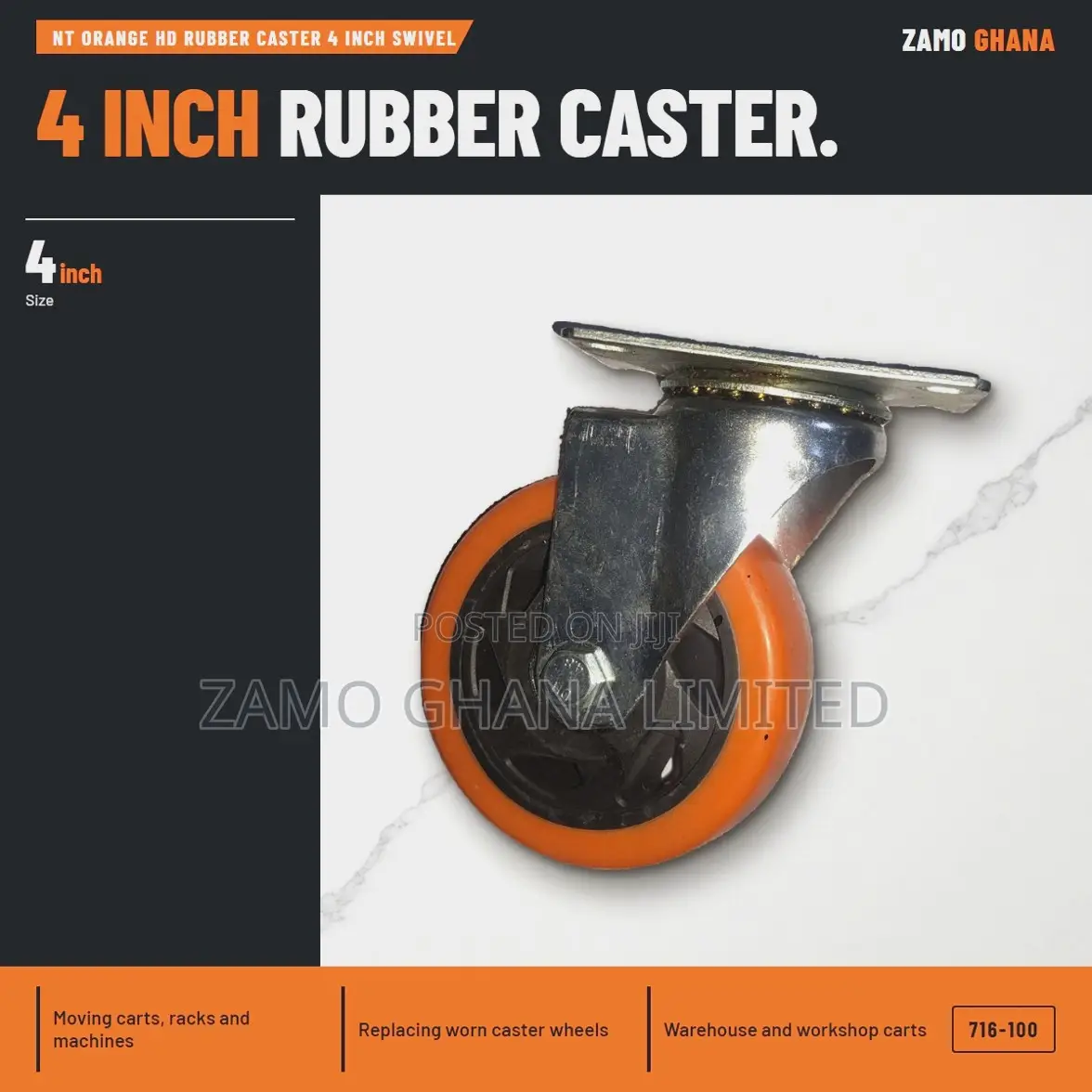Nt Orange Hd Rubber Caster 4 Inch Swivel - 716-100