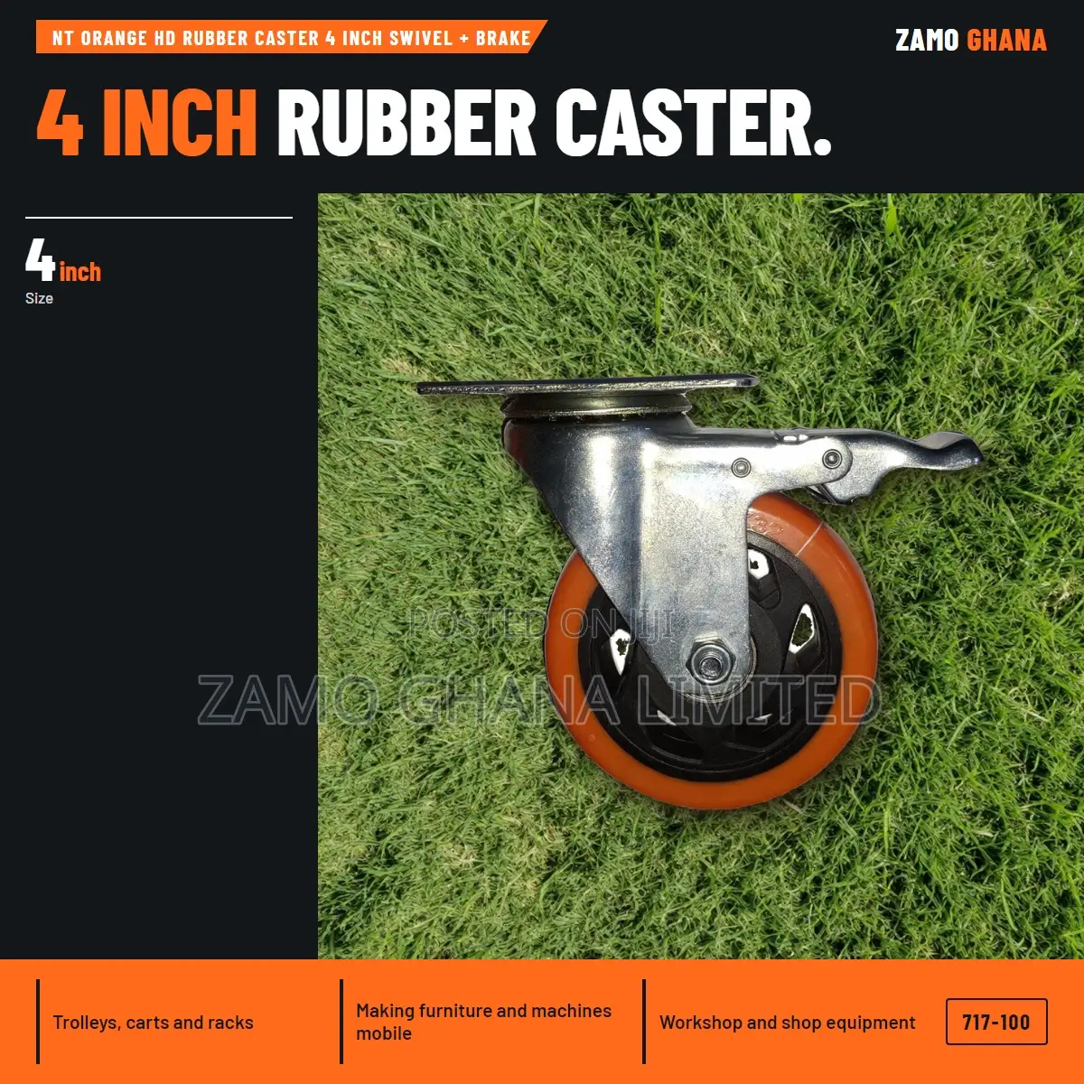 Nt Orange Hd Rubber Caster 4 Inch Swivel + Brake - 717-100