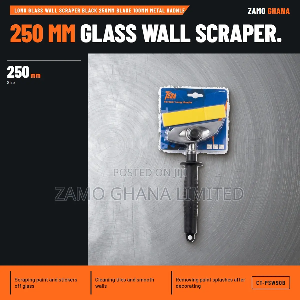 Long Glass Wall Scraper Black 250Mm Blade 100Mm Metal Hadn - CT-PSW90B