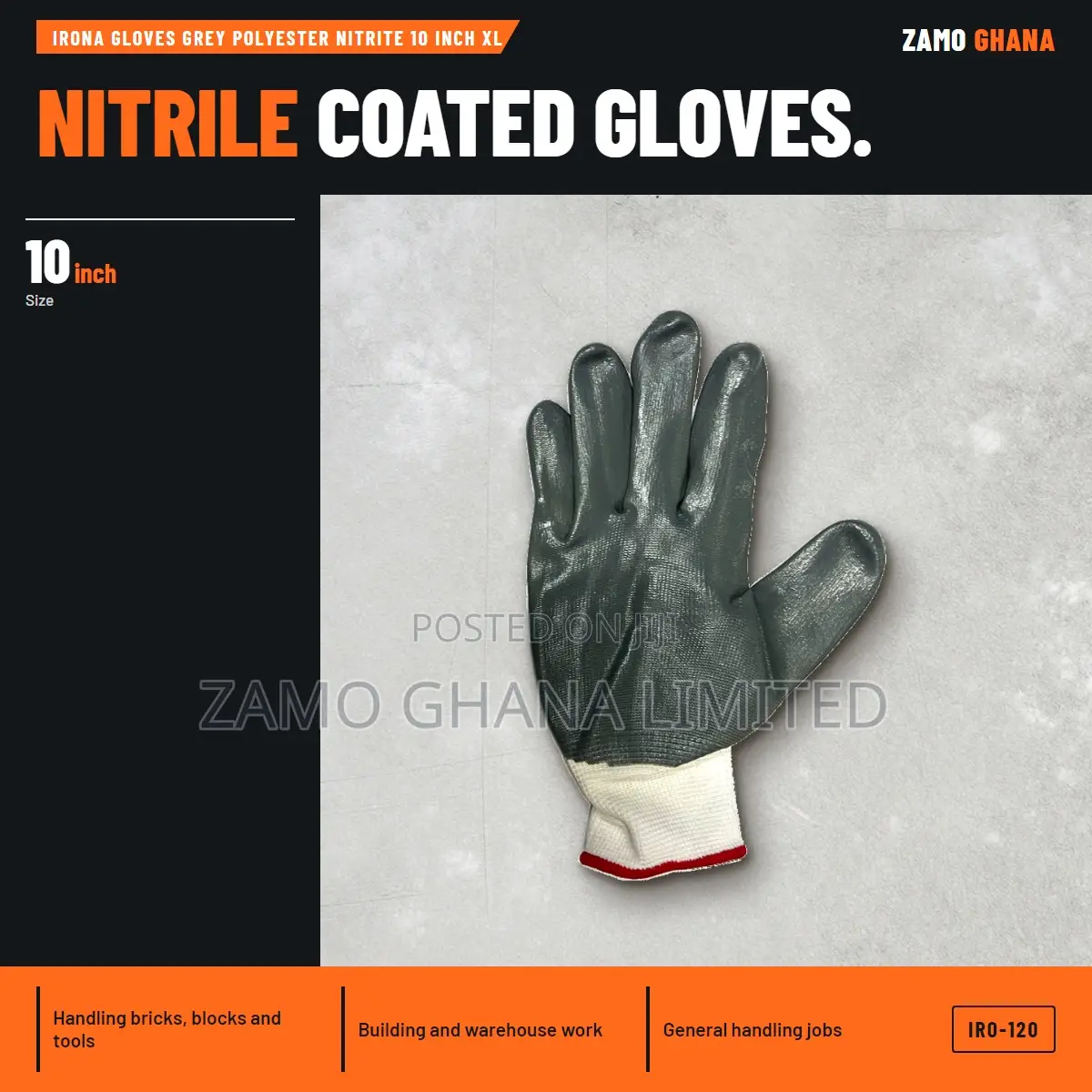 Irona Gloves Grey Polyester Nitrite 10 Inch Xl - IRO-120