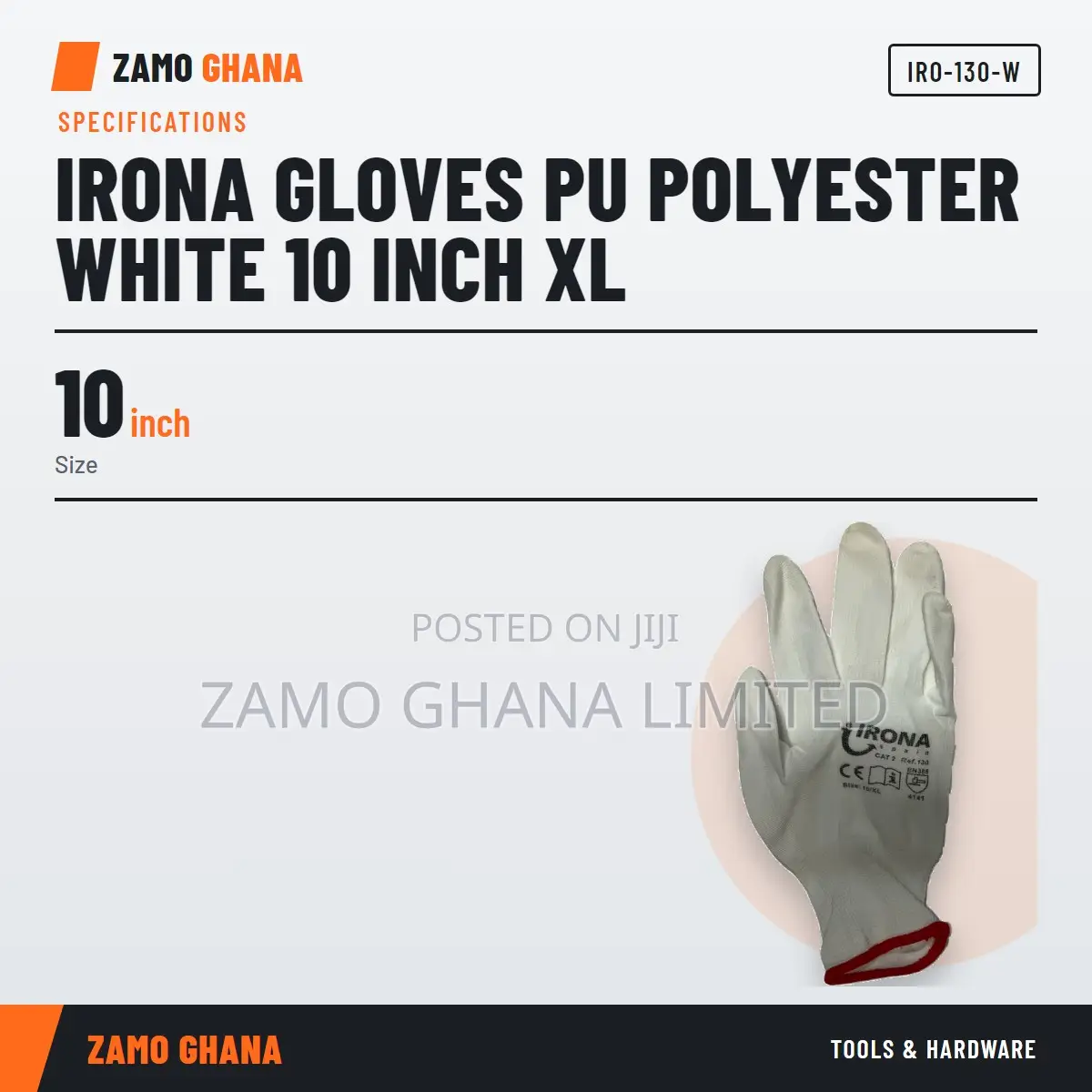 Irona Gloves Pu Polyester White 10 Inch Xl - IRO-130-W