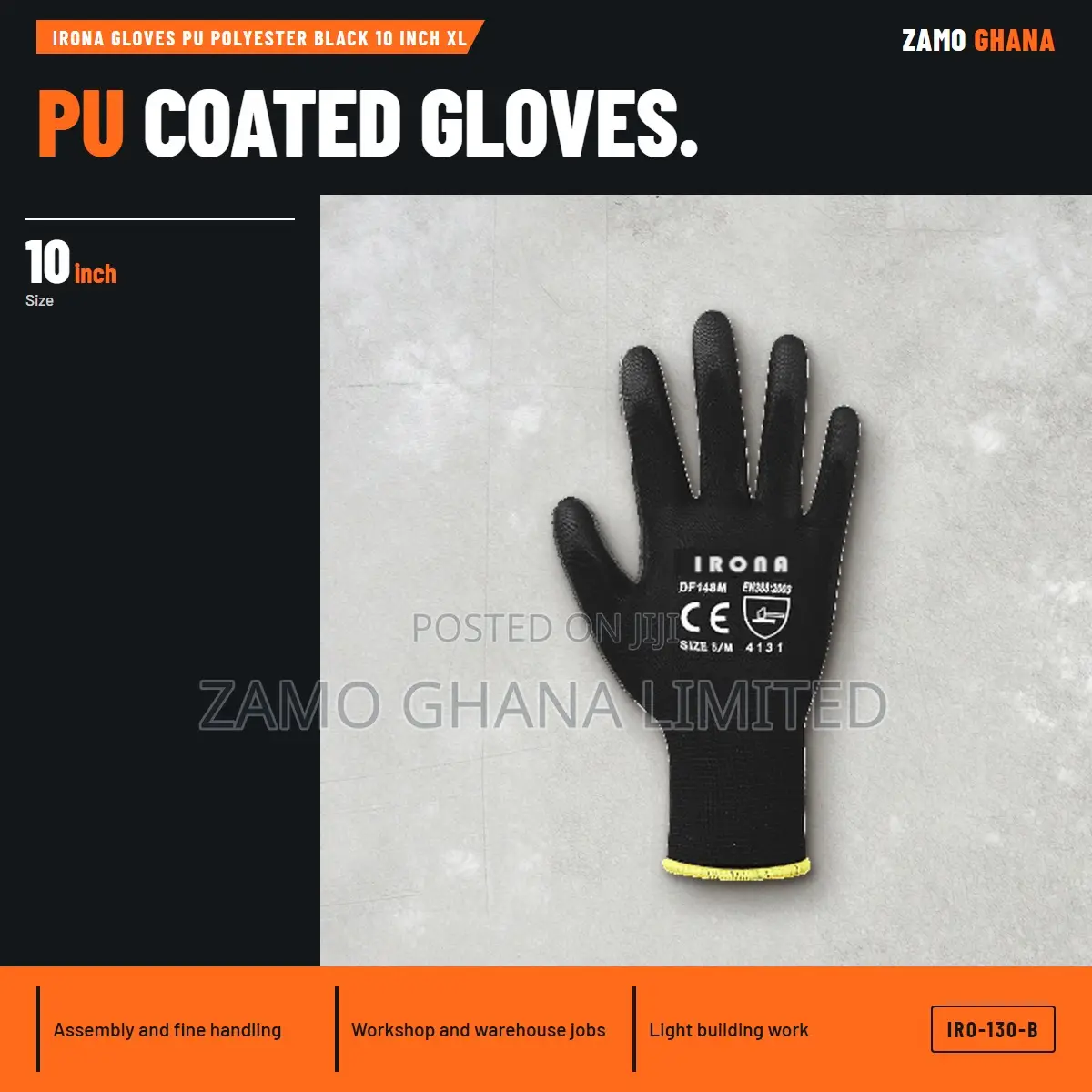 Irona Gloves Pu Polyester Black 10 Inch Xl - IRO-130-B