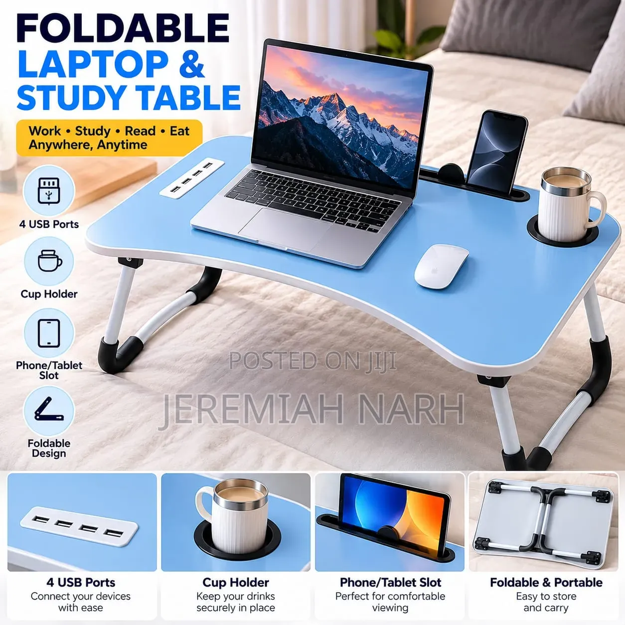 Foldable Laptop & Study Table With USB Ports Cup Holder & Device Slot