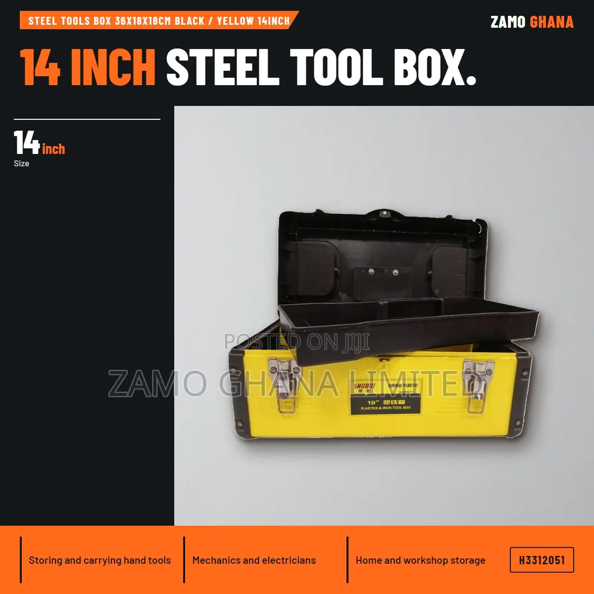 Steel Tools Box 36X18X18Cm Black / Yellow 14Inch - H