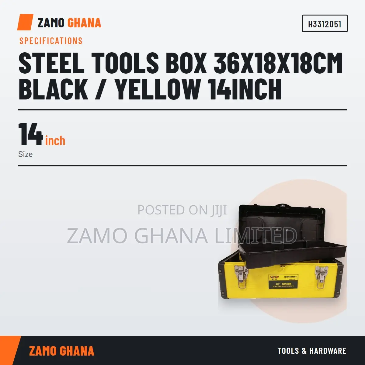 Steel Tools Box 36X18X18Cm Black / Yellow 14Inch - H